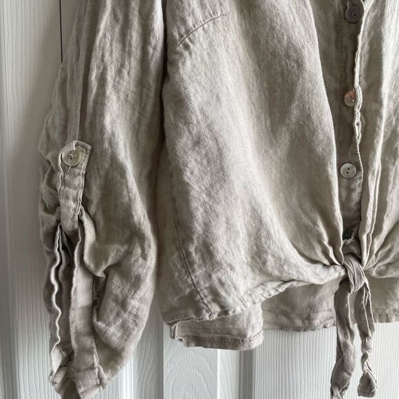 Vintage Tan linen crop tie front button down Made in Italy M - Picture 2 of 5